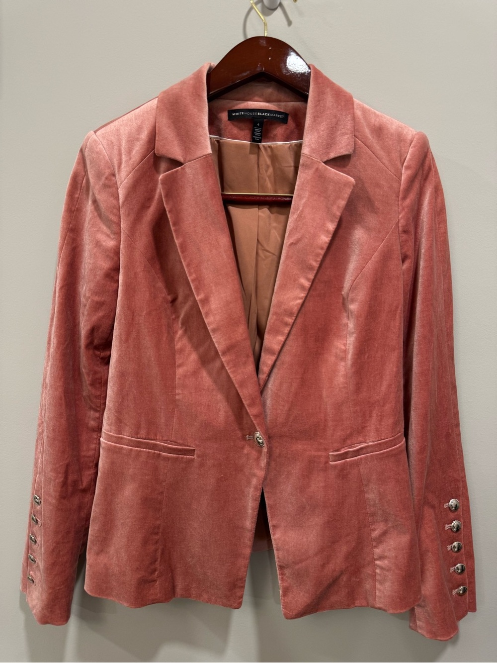 White House Black Market Womens 4 Pink Rose Velvet Blazer Single Button Jacket